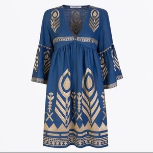 GREEK ARCHAIC KORI Feather Bell Sleeve Mini Dress - Indigo Gold NWT